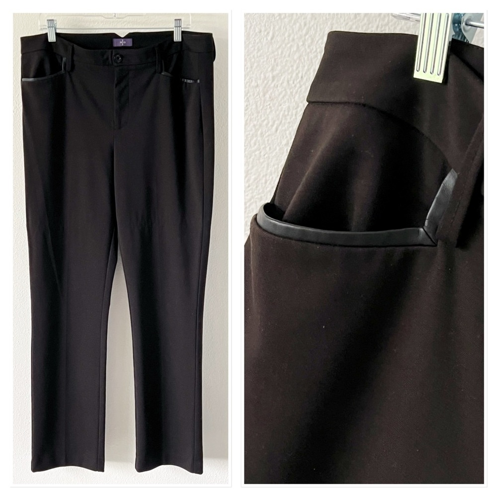 NYDJ Marilyn Straight Leg Black Trousers Pants Faux Leather Trim Pockets Size 16